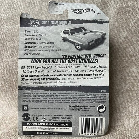2011 HOT WHEELS HW SHOWROOM 70 Green PONTIAC GTO JUDGE - Picture 3 of 3
